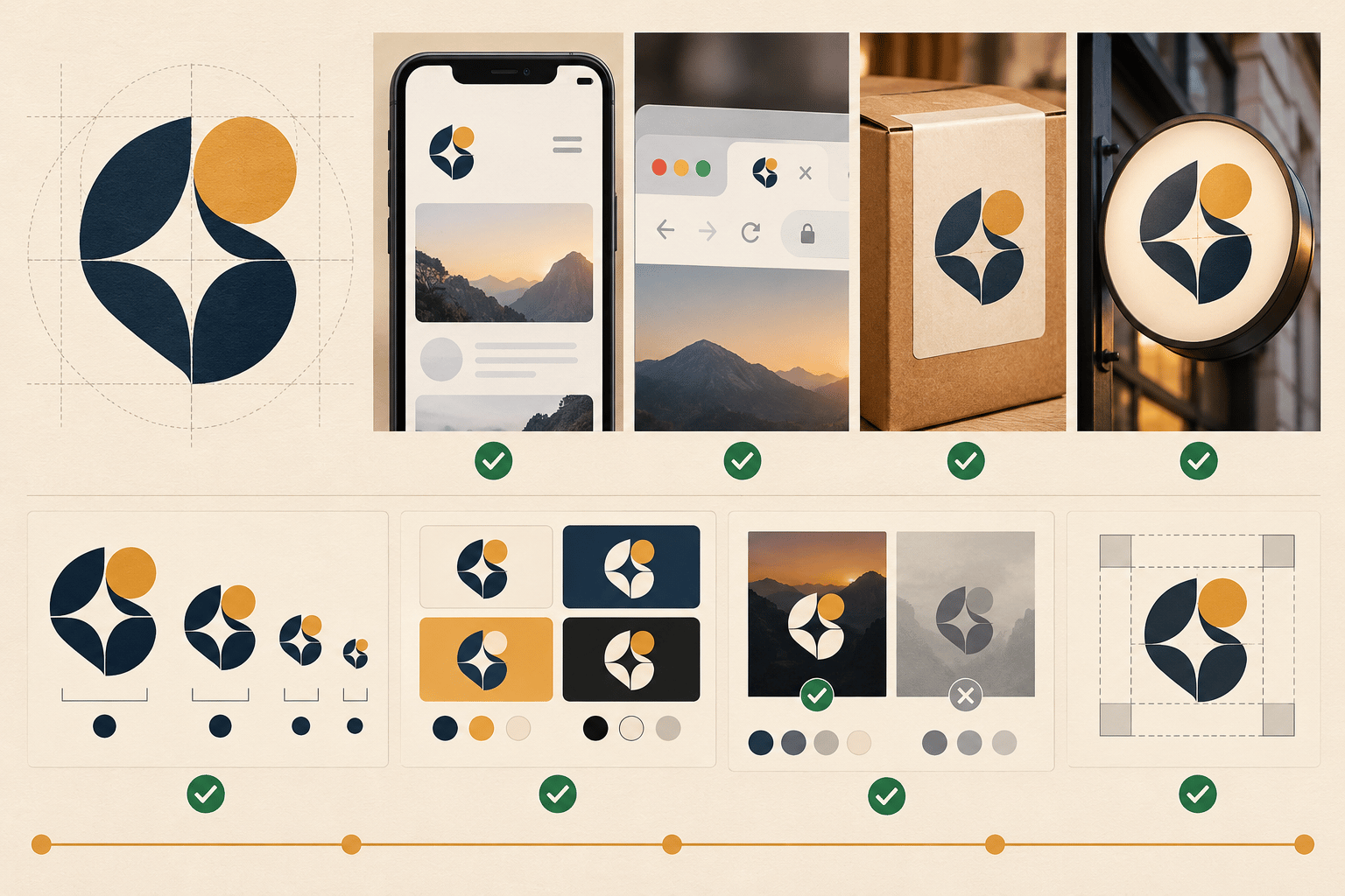 Illustration showing a logo evaluated across mobile, browser, packaging, and storefront applications