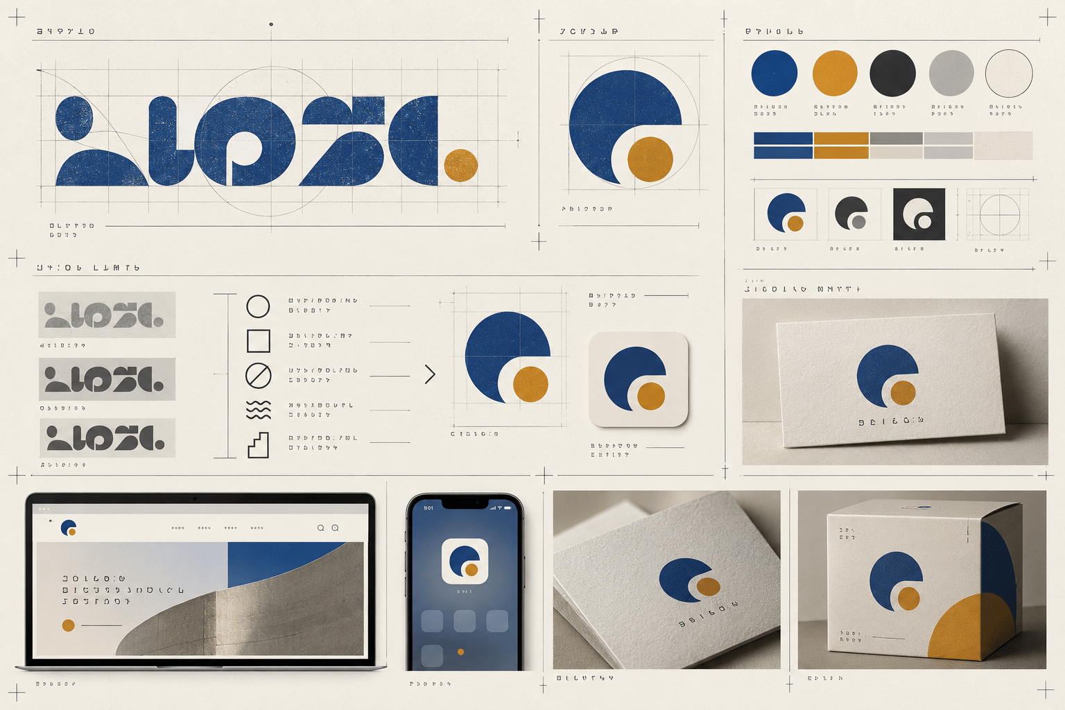 A logo review board comparing a dated mark across typography, colour, complexity, and real applications