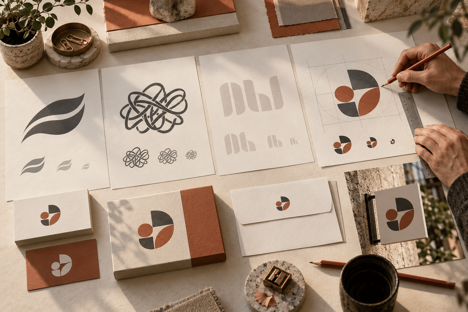 Editorial branding studio scene showing abstract logo concepts being evaluated for clarity and scalability