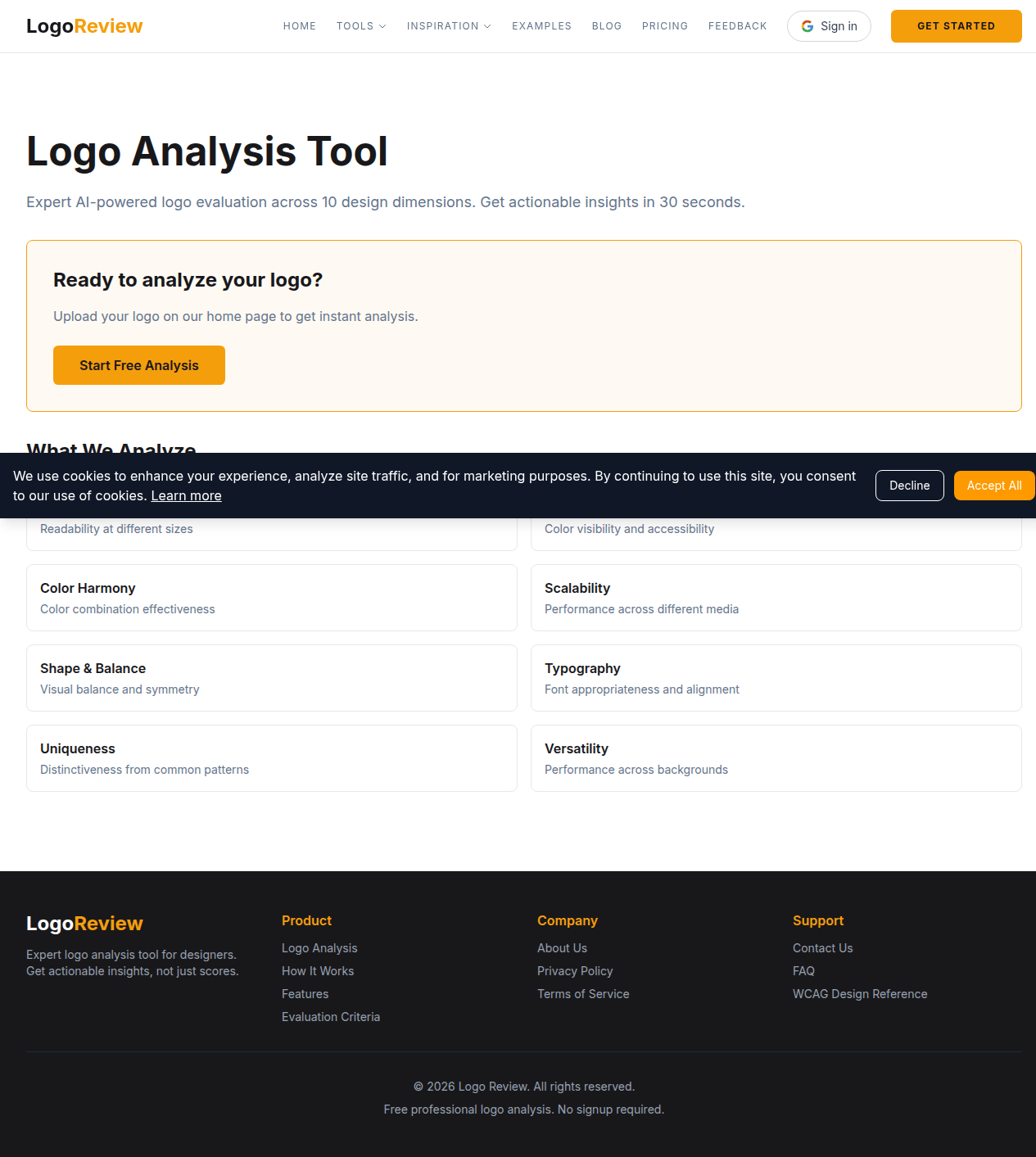 Logo Analysis Tool page showing a logo review workflow and evaluation dimensions