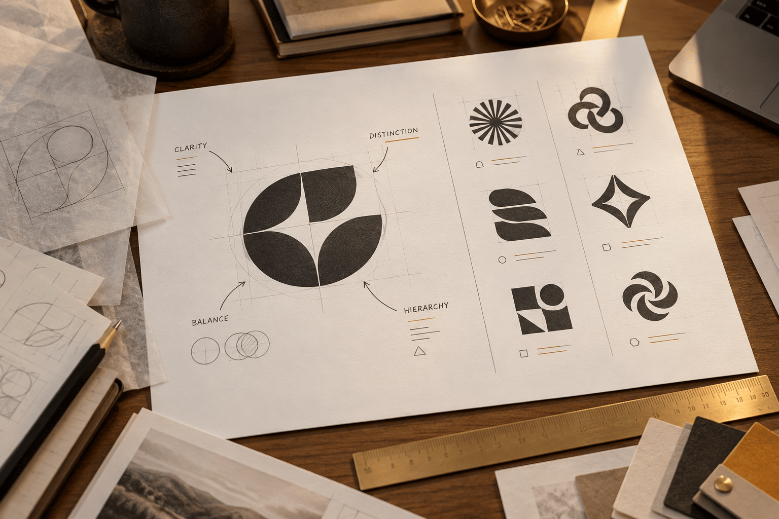 Logo comparison board showing a mark beside competitor references and critique notes