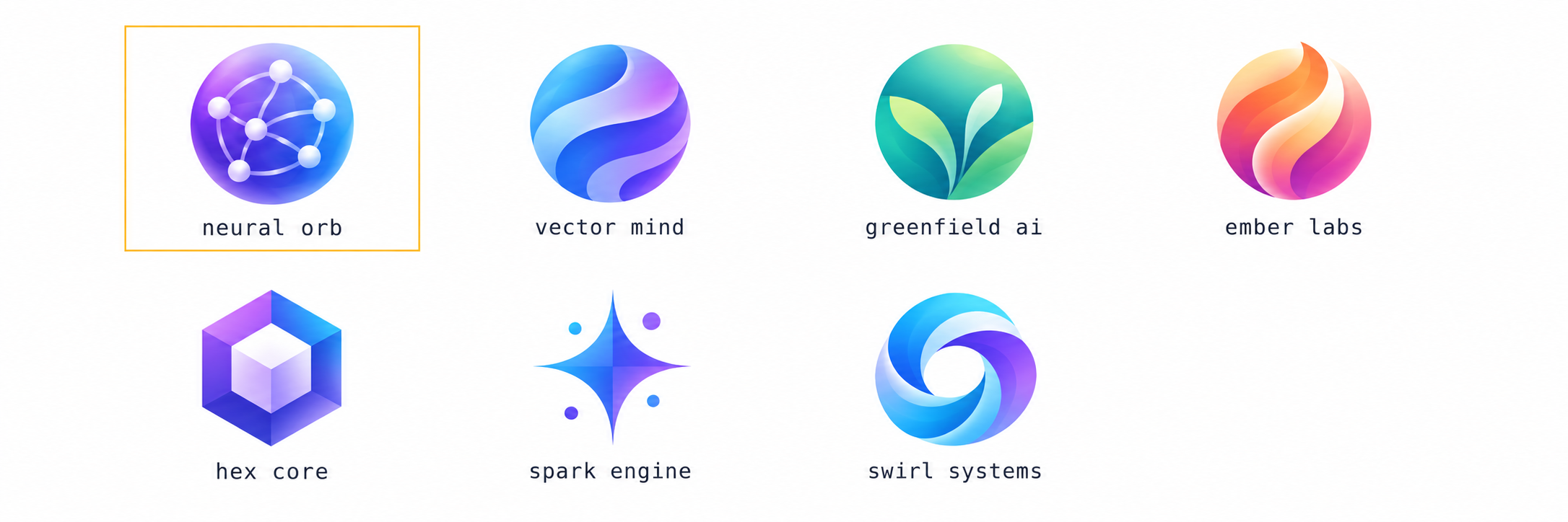 The sample AI startup logo placed alongside six category-default AI logos showing gradient orbs, hexagons, and abstract motifs that look alike