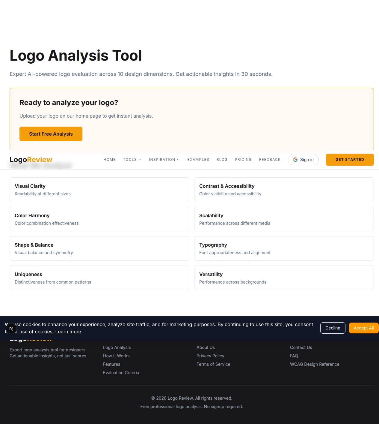 Screenshot of the Logo Review report interface showing the ten logo evaluation dimensions
