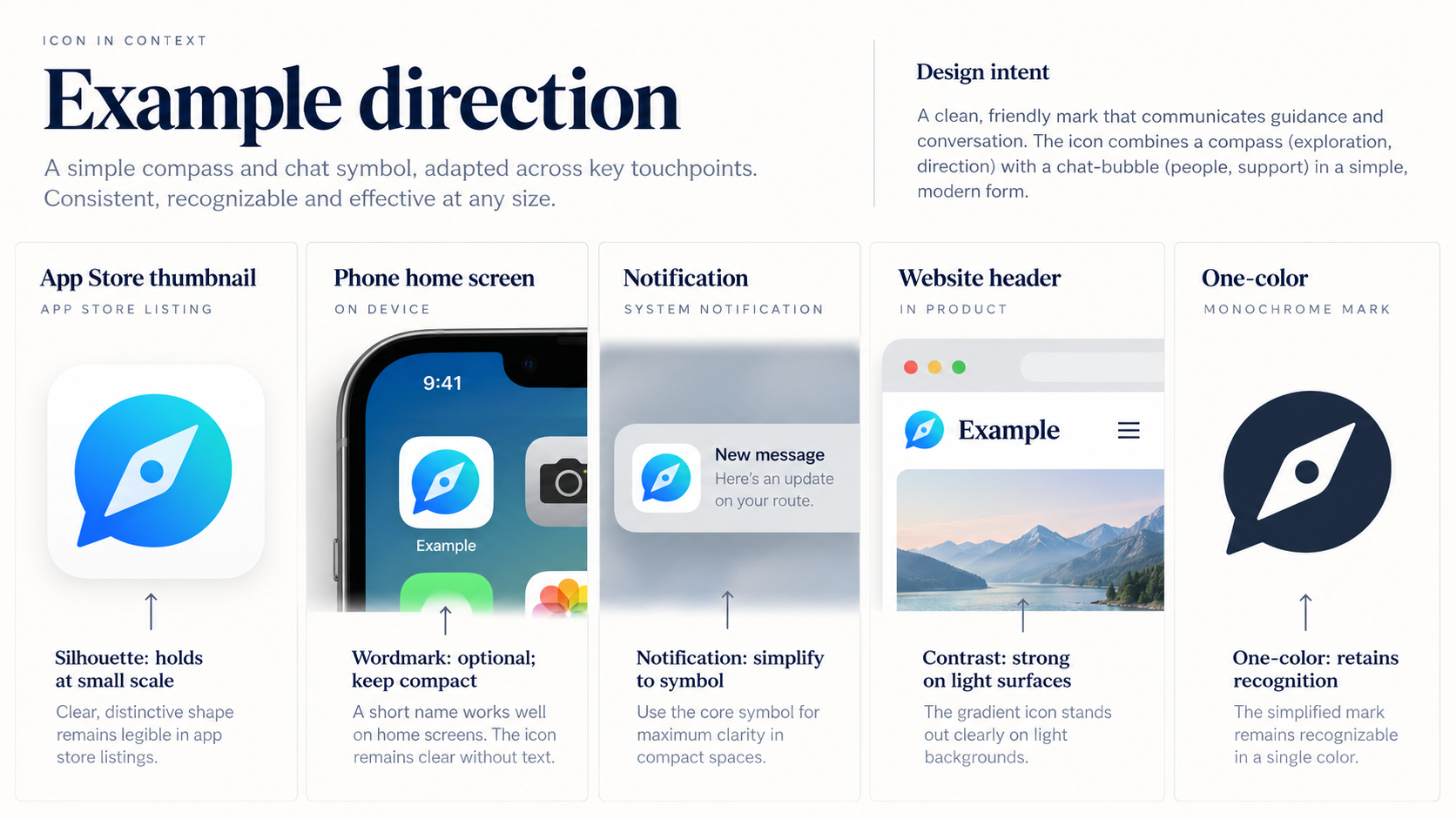 A sample app logo compared across app-store, phone home-screen, notification, website, and one-color applications