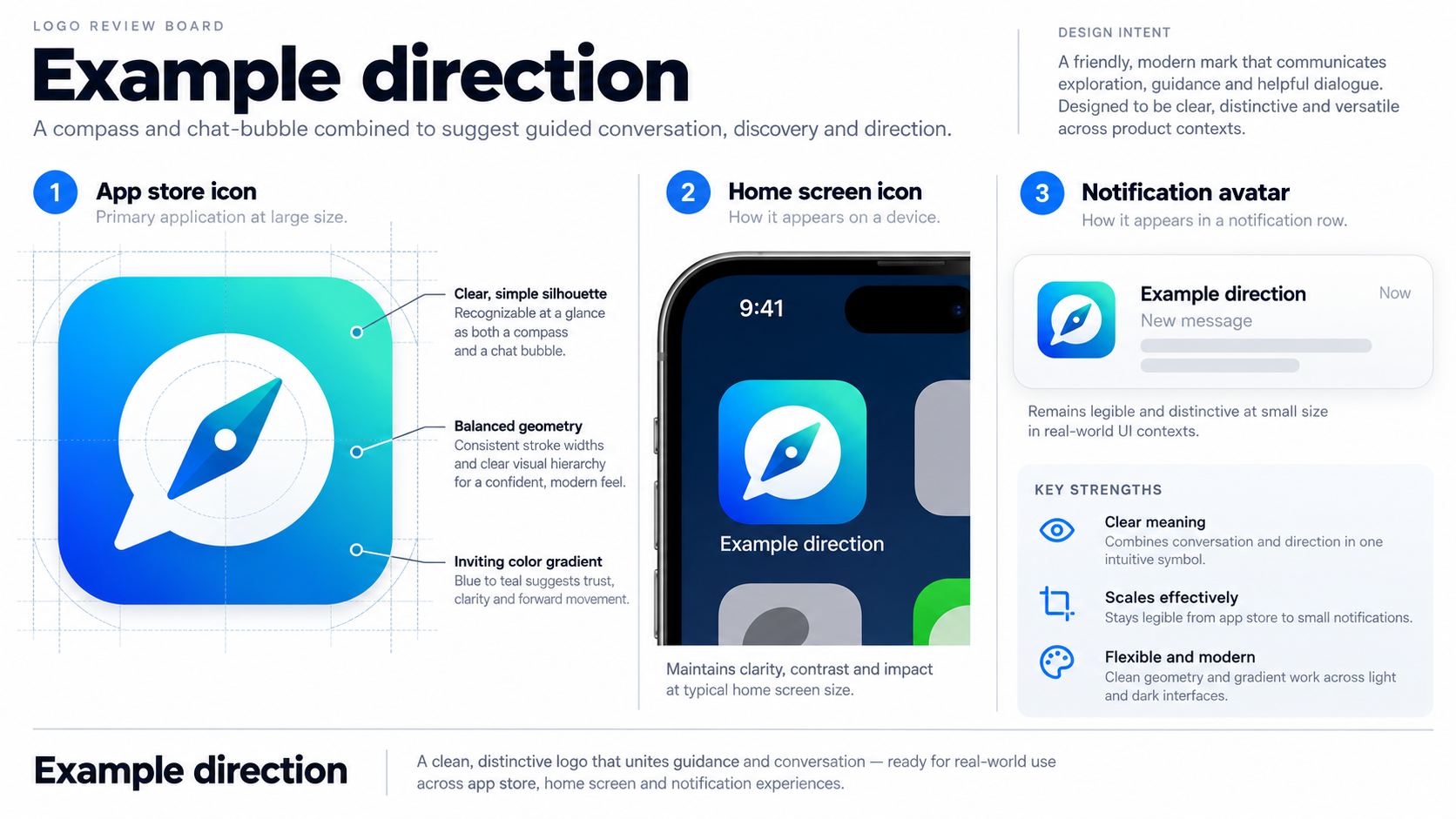 A sample mobile app logo shown as an app-store icon, phone home-screen icon, and small notification avatar, labelled Example direction