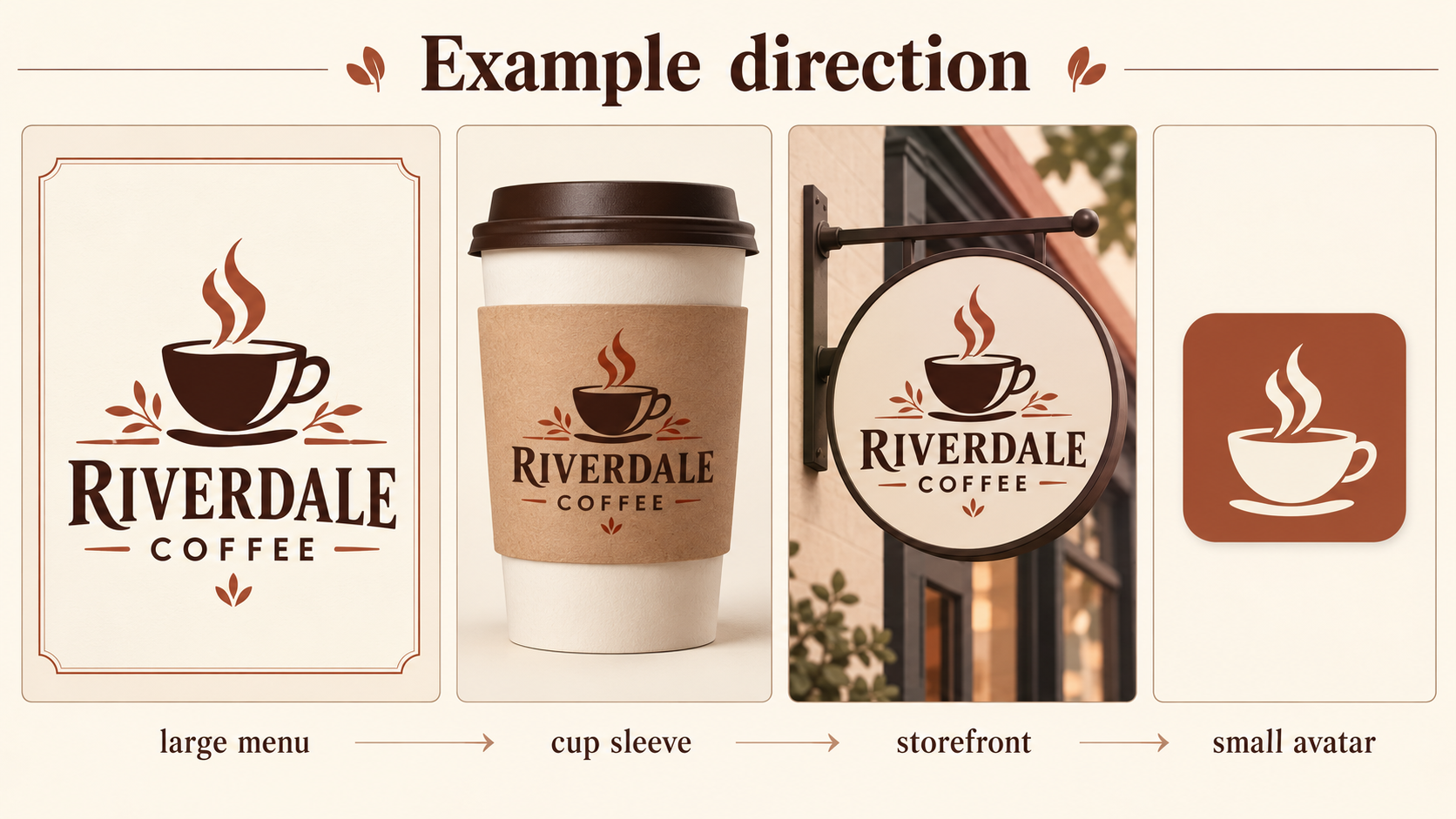 A sample coffee shop logo compared across menu, cup sleeve, storefront, and digital avatar applications