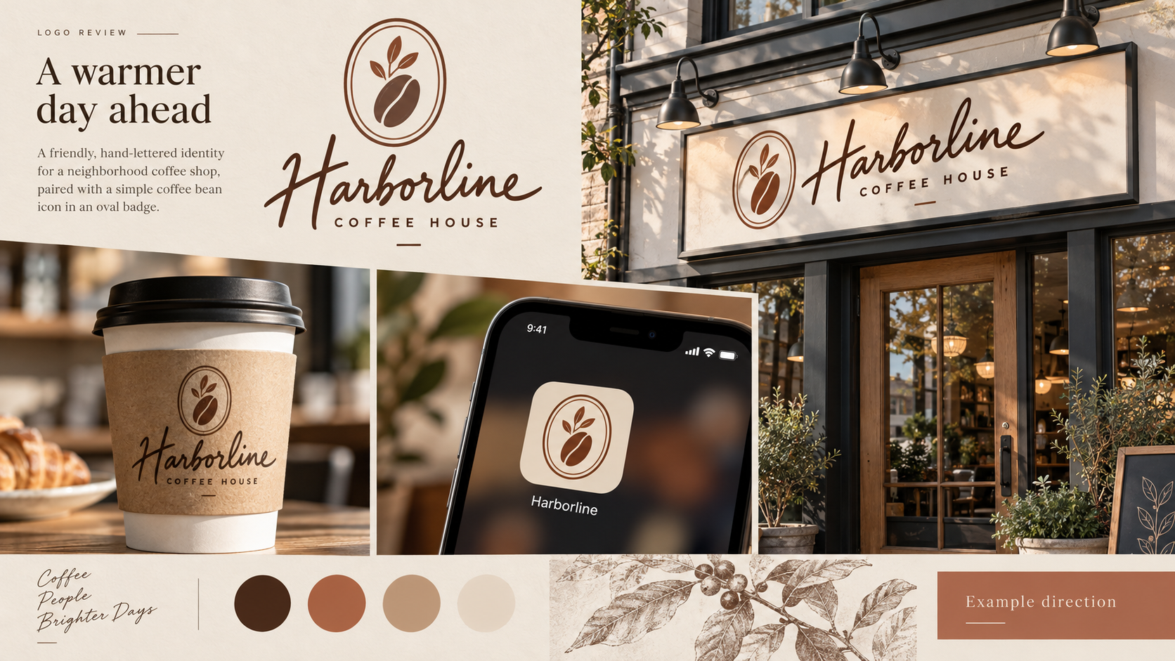 A sample coffee shop logo shown on a cup sleeve, storefront sign, and small digital avatar, labelled Example direction