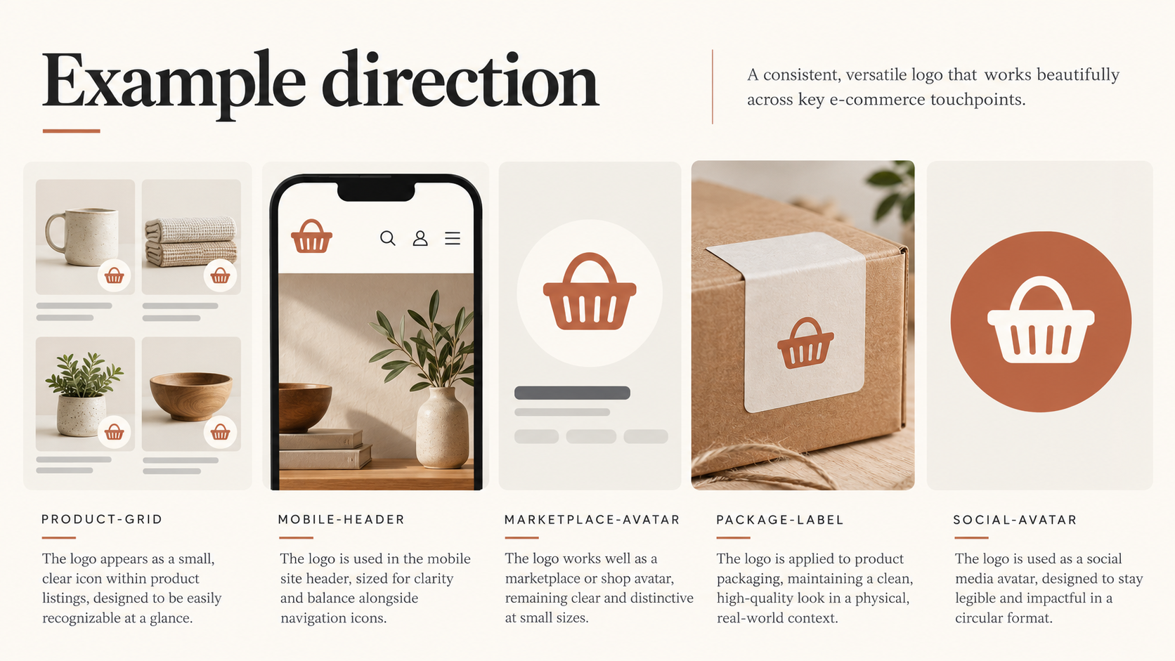 A sample ecommerce logo compared across product listing, mobile storefront, package label, and social avatar applications