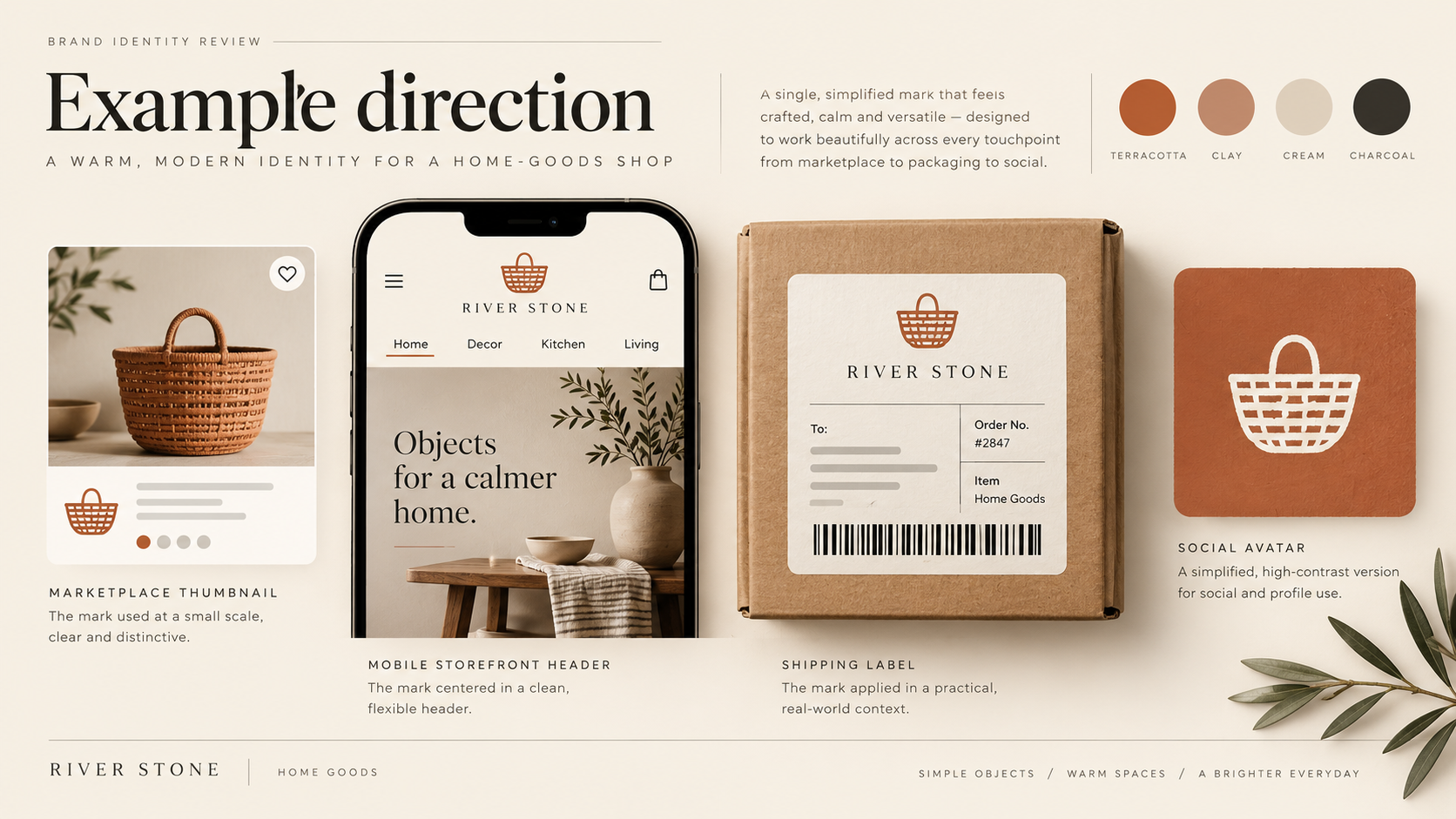 A sample ecommerce logo shown in a product thumbnail, package label, mobile storefront, and social avatar, labelled Example direction