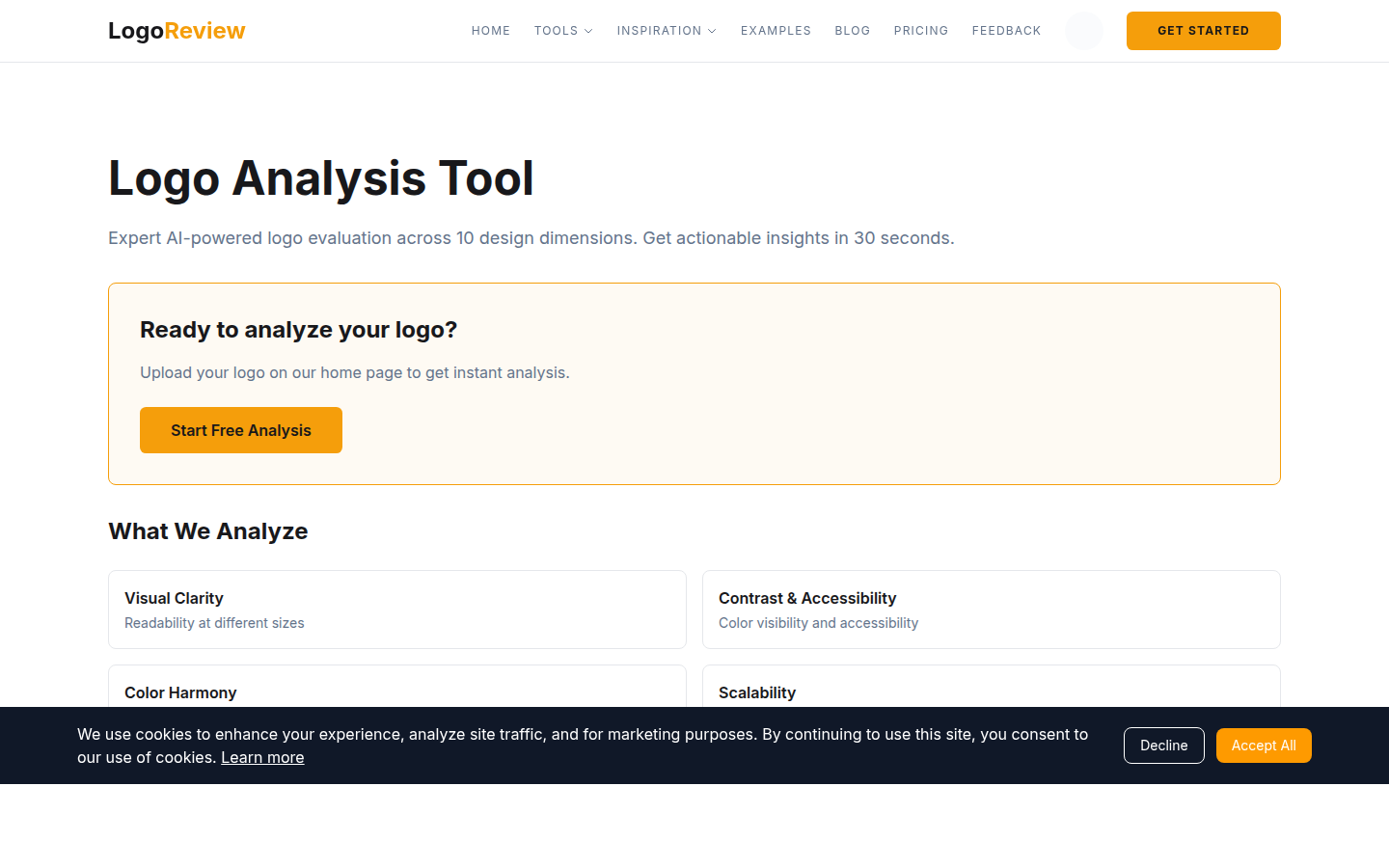 Screenshot of the Logo Review report interface showing ecommerce logo evaluation dimensions