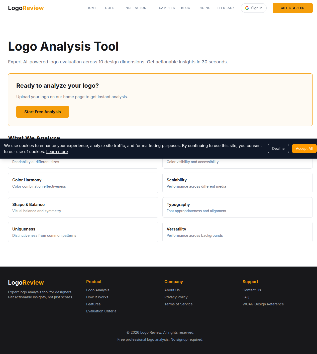 Screenshot of the Logo Review report interface showing the ten logo evaluation dimensions