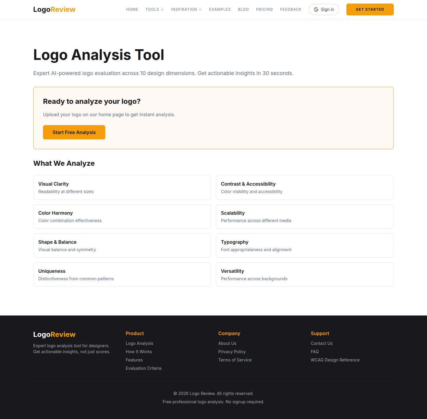 Screenshot of the live Logo Review tool page listing the logo evaluation dimensions it reports