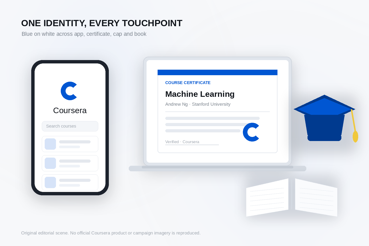 Coursera blue brand identity applied to a smartphone app, a laptop course certificate, a graduation cap, and an open book on a clean white surface