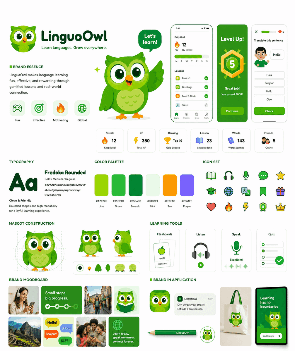 Professional logo design analysis illustration featuring Duolingo brand identity with green owl mascot, gamified learning concepts, playful modern design elements, educational technology motifs, and vibrant green color palette representing fun and accessible language learning