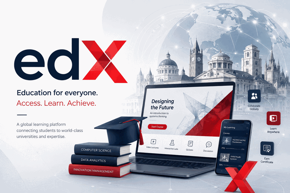 Professional logo design analysis illustration featuring edX brand identity with red X and dark navy wordmark, massive open online course motifs, academic learning elements, and higher education technology concepts