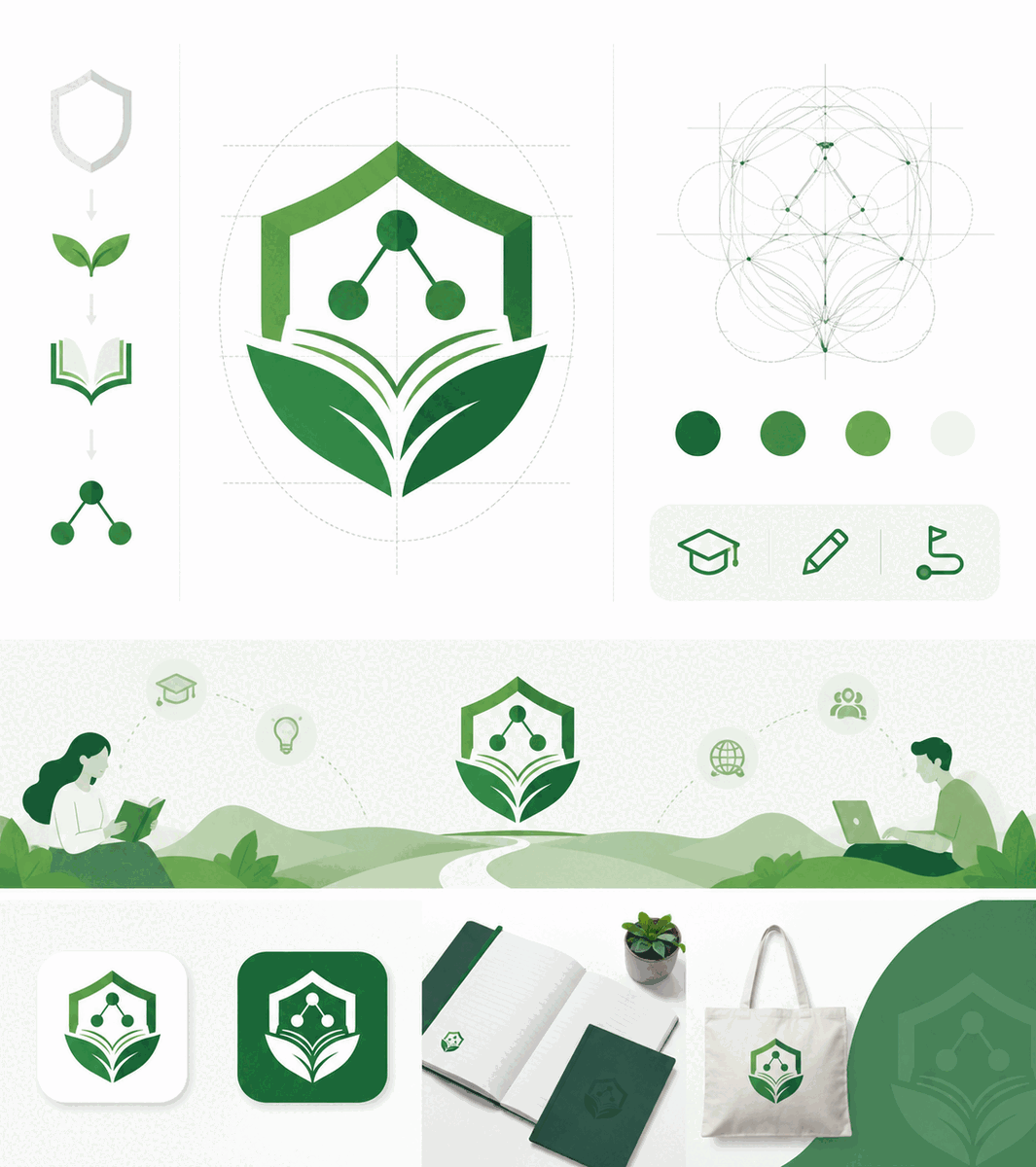 Professional logo design analysis illustration featuring Khan Academy brand identity with green leaf symbol, educational knowledge concepts, minimalist geometric design elements, academic learning motifs, and clean green color palette representing accessible education for all