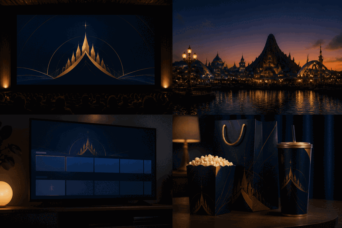 Original editorial scene showing a navy and gold fairy-tale identity across cinema, streaming, theme park, and merchandise touchpoints