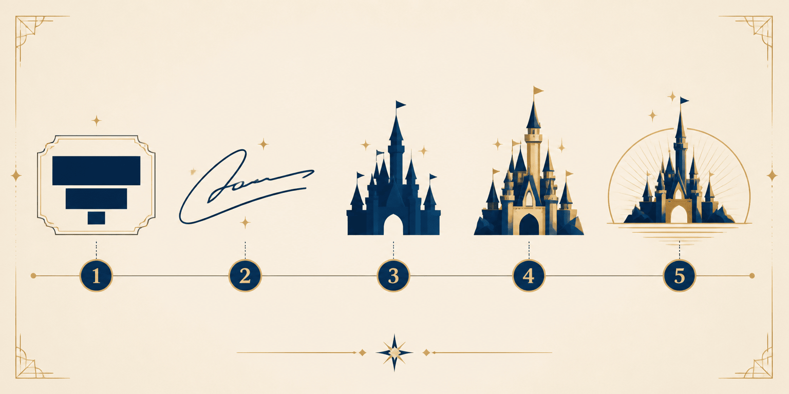 Original editorial timeline illustrating five abstract eras of Disney-inspired identity evolution