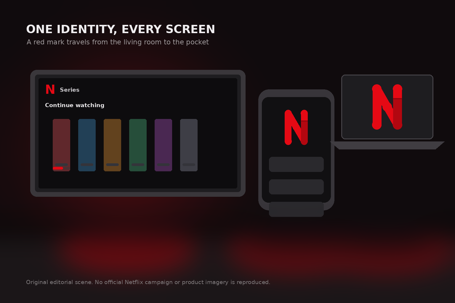 Netflix-style red N identity applied across a darkened living room TV screen, a smartphone app icon, a laptop trailer bumper, and ambient red lighting