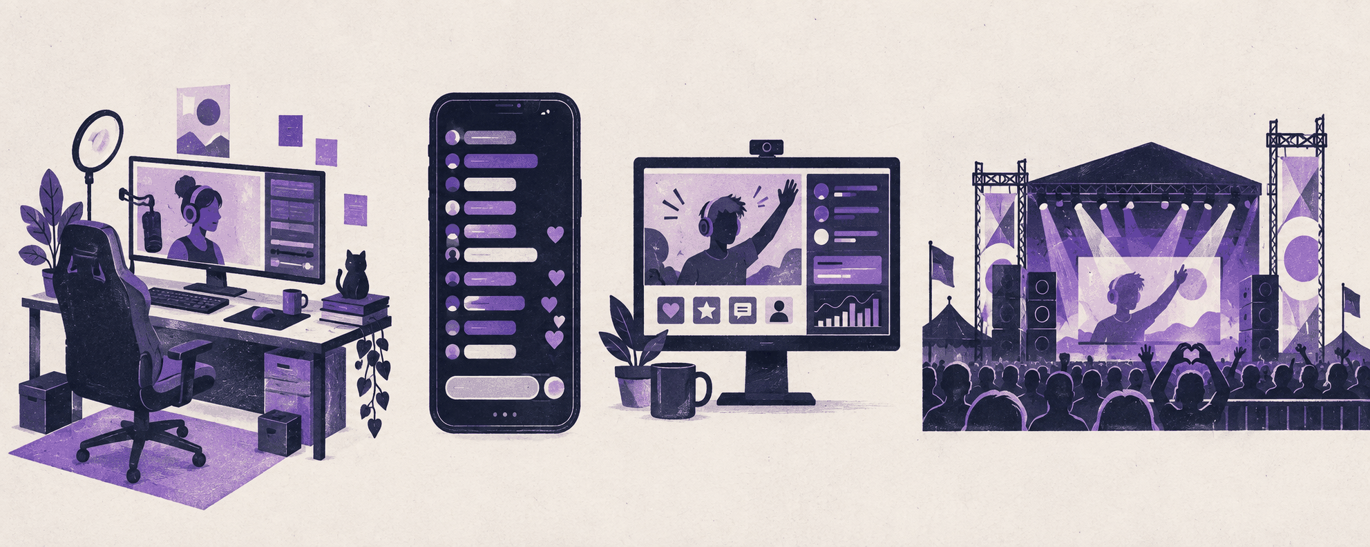 Original editorial scene showing a purple live-stream identity across creator desk, chat screen, mobile broadcast, and event stage