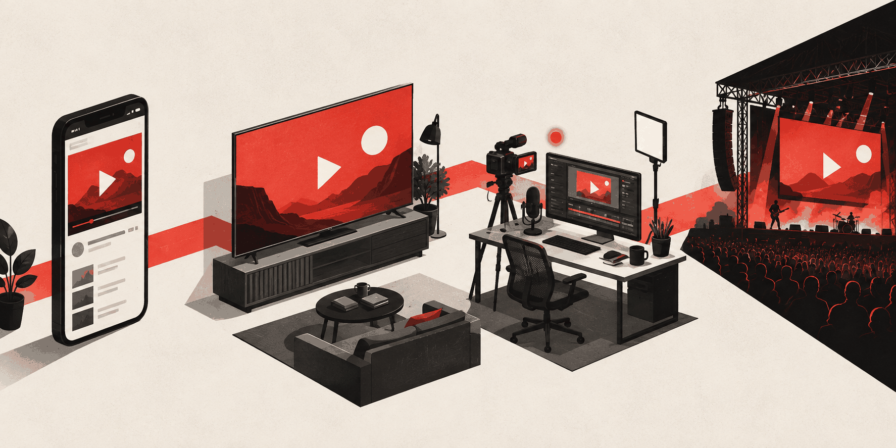 Original editorial scene showing a red play-button identity across phone, television, creator studio, and stage touchpoints