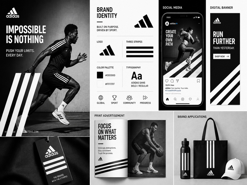 Adidas branding across marketing materials and product packaging