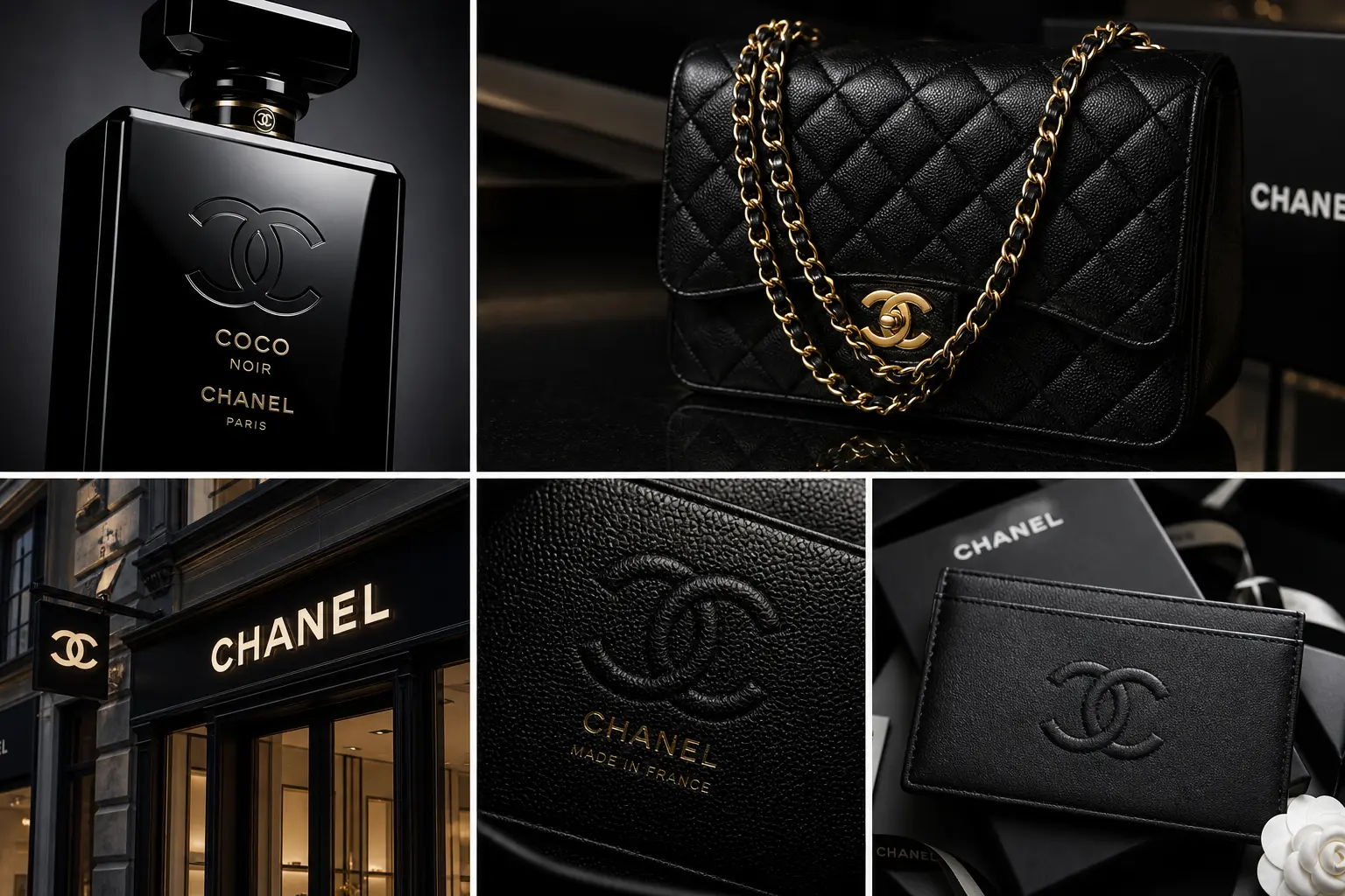 Chanel logo applied across luxury fashion, fragrance, and boutique branding contexts