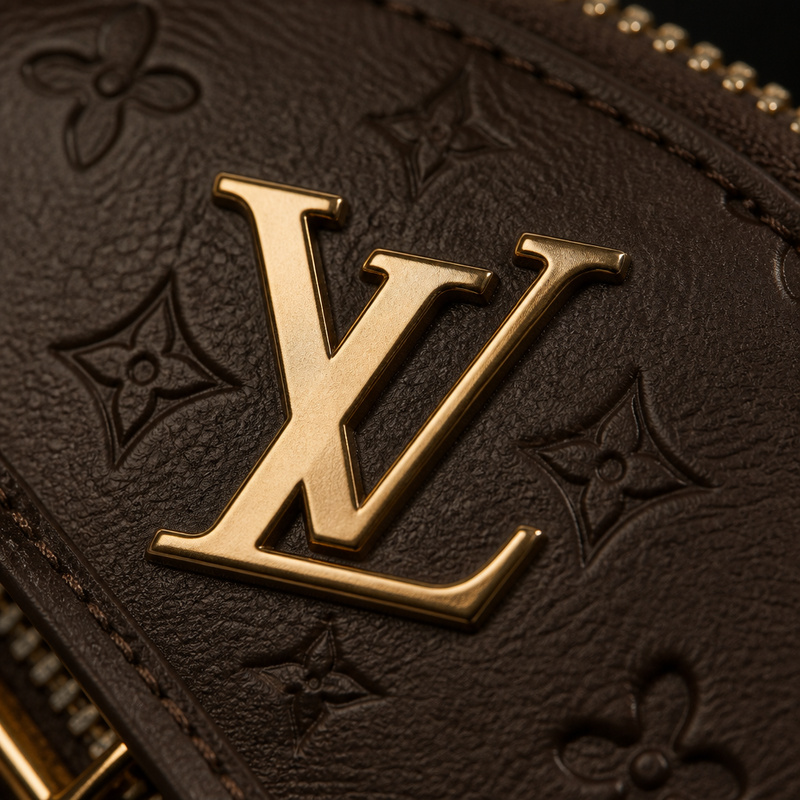Louis Vuitton LV monogram close-up showing interlocking letter design and floral motifs