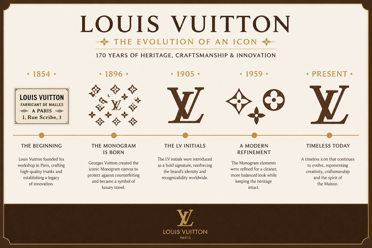 Louis Vuitton logo evolution from 1854 founding to contemporary monogram variations