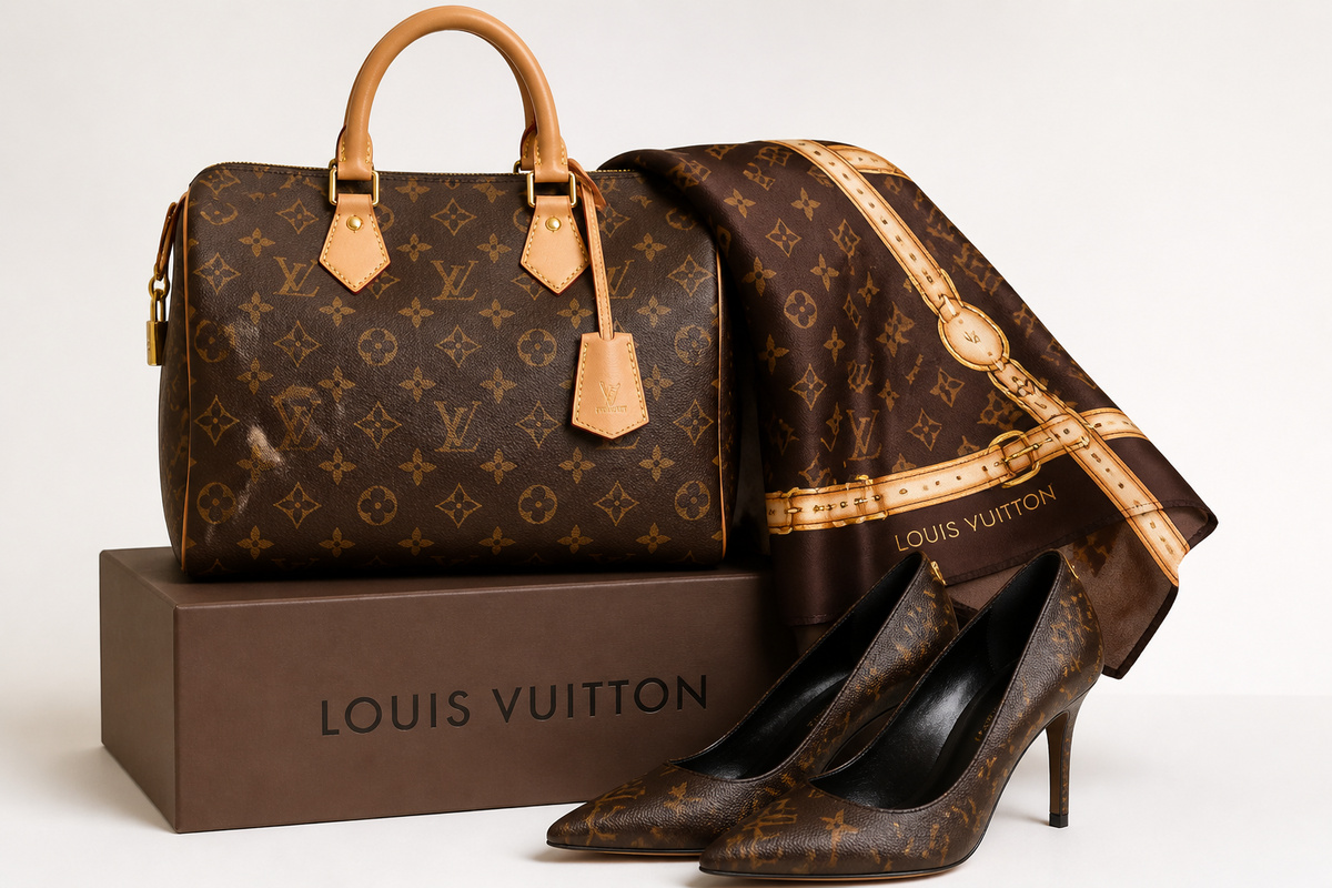 Louis Vuitton monogram pattern applications across leather goods, accessories, and fashion items