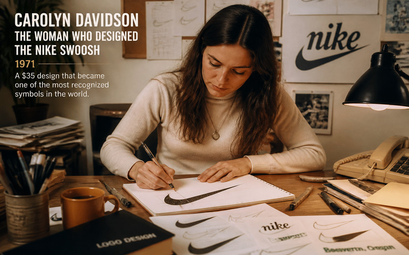 Editorial illustration about Carolyn Davidson, designer of the Nike Swoosh