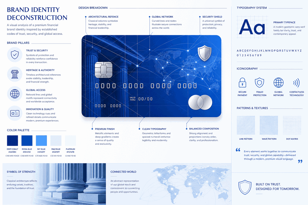 Professional logo design analysis illustration featuring American Express brand identity with blue color scheme, credit card payment motifs, geometric typography elements, and financial authority symbolism