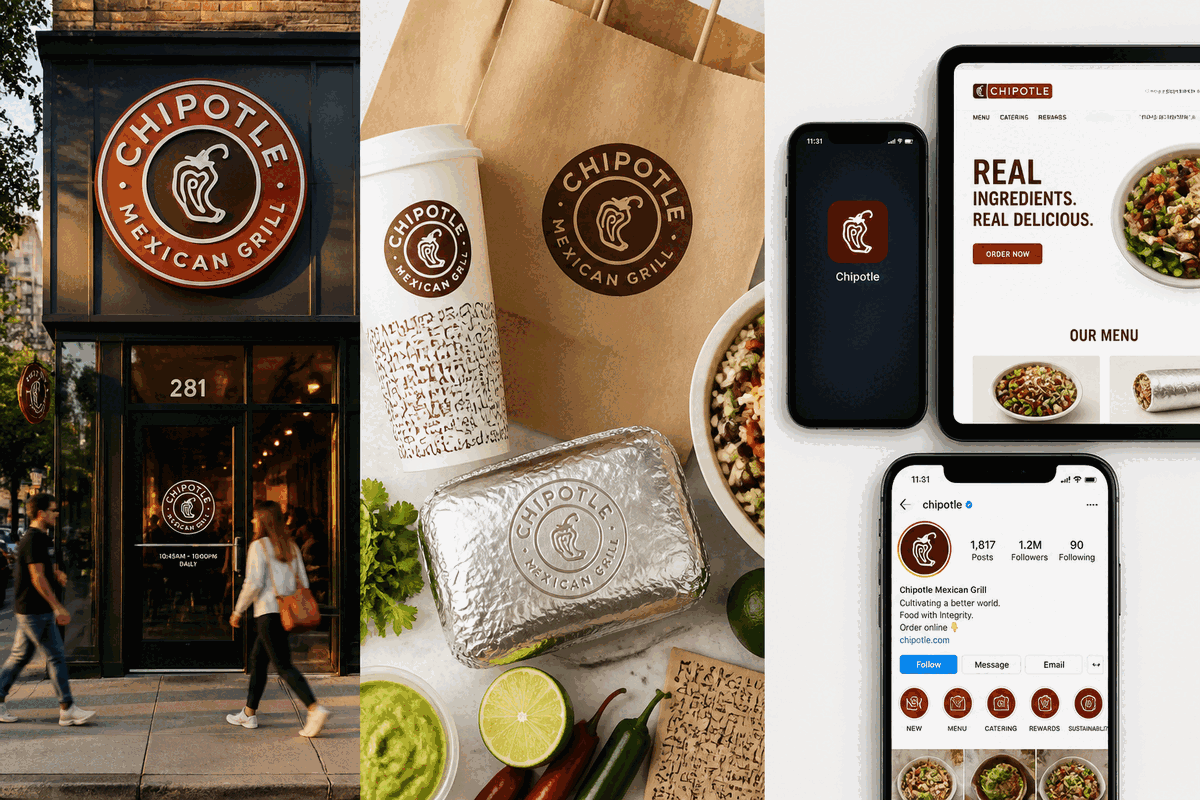 Chipotle logo applications on storefront signage, packaging, and digital platforms