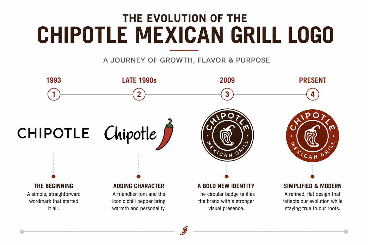 Chipotle logo evolution from 1993 wordmark to modern pepper badge design