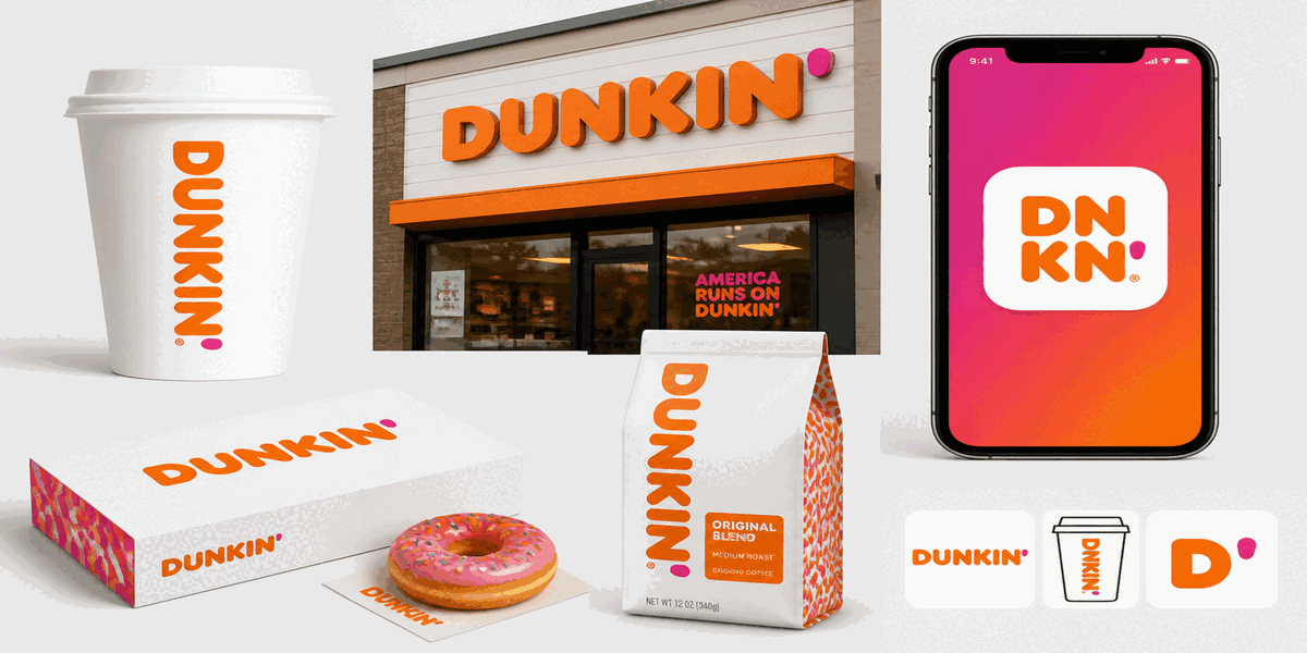 Dunkin' logo applications across cups, signage, mobile apps, and packaging