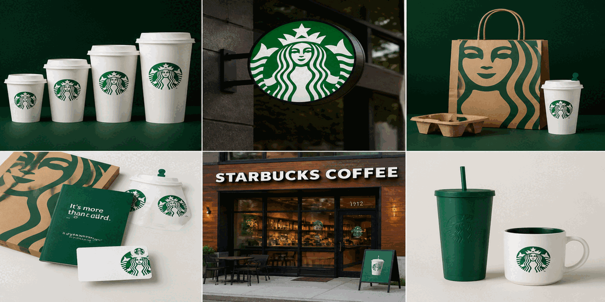 Starbucks logo applications across coffee cups, storefront signage, packaging, and merchandise contexts