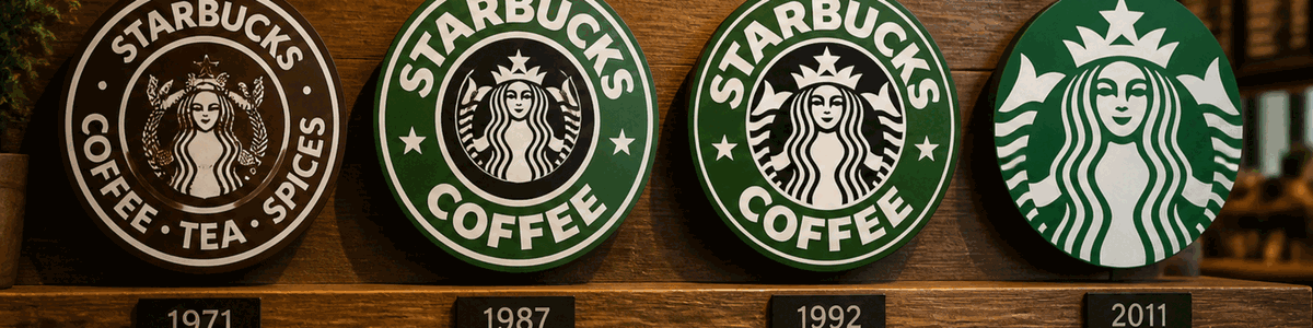 Timeline showing Starbucks logo evolution from 1971 woodcut to 2011 minimalist icon across four key milestones