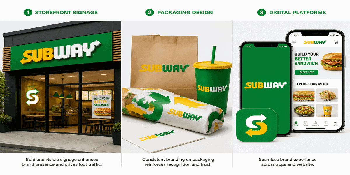 Subway logo applications on storefront signage, packaging, and digital platforms