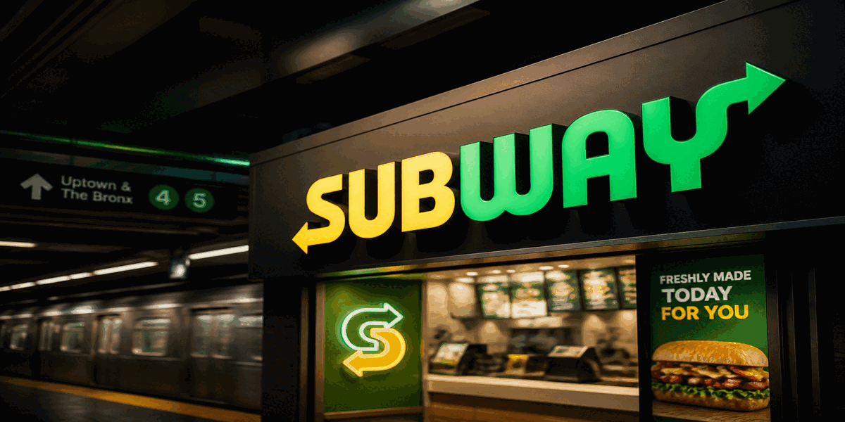 Subway logo featuring bold italicized wordmark with directional arrows in green and yellow