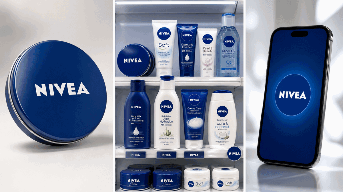Nivea logo applied across skincare packaging, cream tins, and retail branding