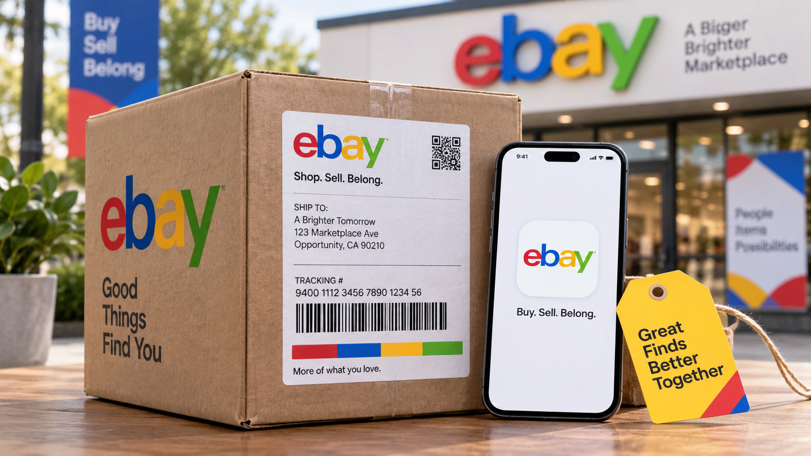 eBay four-color identity applied to a shipping box, smartphone app icon, price tag, and marketplace storefront sign