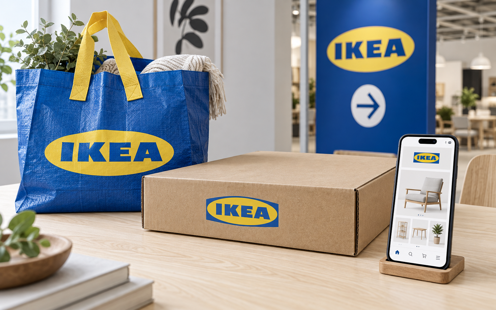 IKEA blue and yellow identity applied to a reusable shopping bag, flat-pack box, store wayfinding sign, and mobile storefront interface