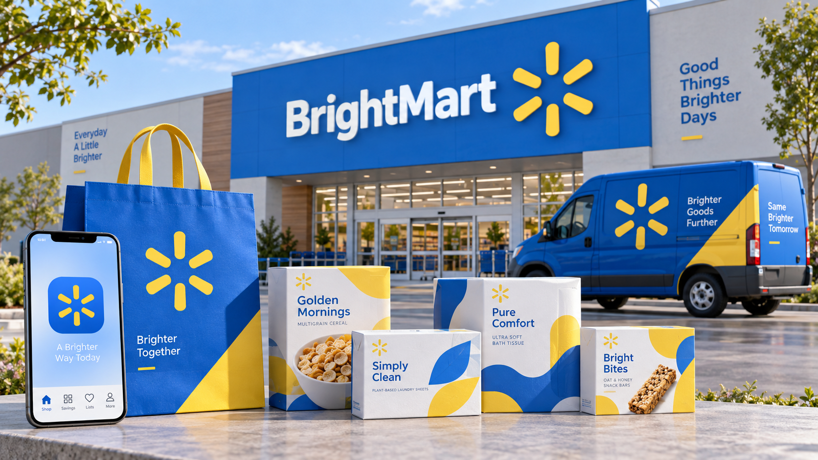 Walmart-style blue and yellow identity applied across a storefront sign, mobile app icon, shopping bag, and delivery van