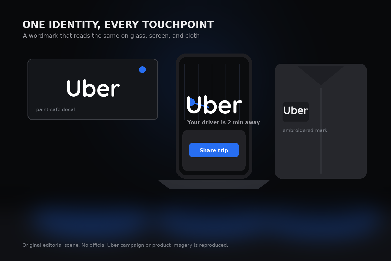 Uber wordmark applied to a car window sticker, a dashboard-mounted phone showing the app, and a driver jacket with an embroidered mark