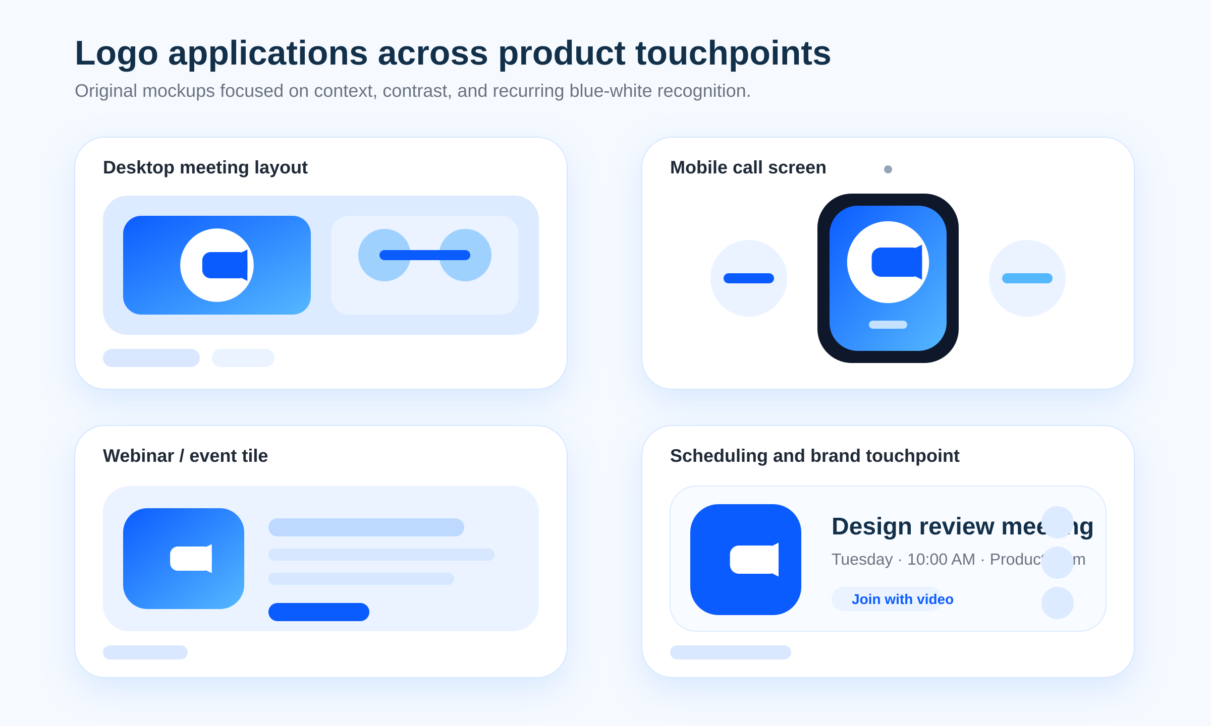 Four UI mockups showing a Zoom-inspired meeting icon across desktop, mobile, webinar, and scheduling touchpoints
