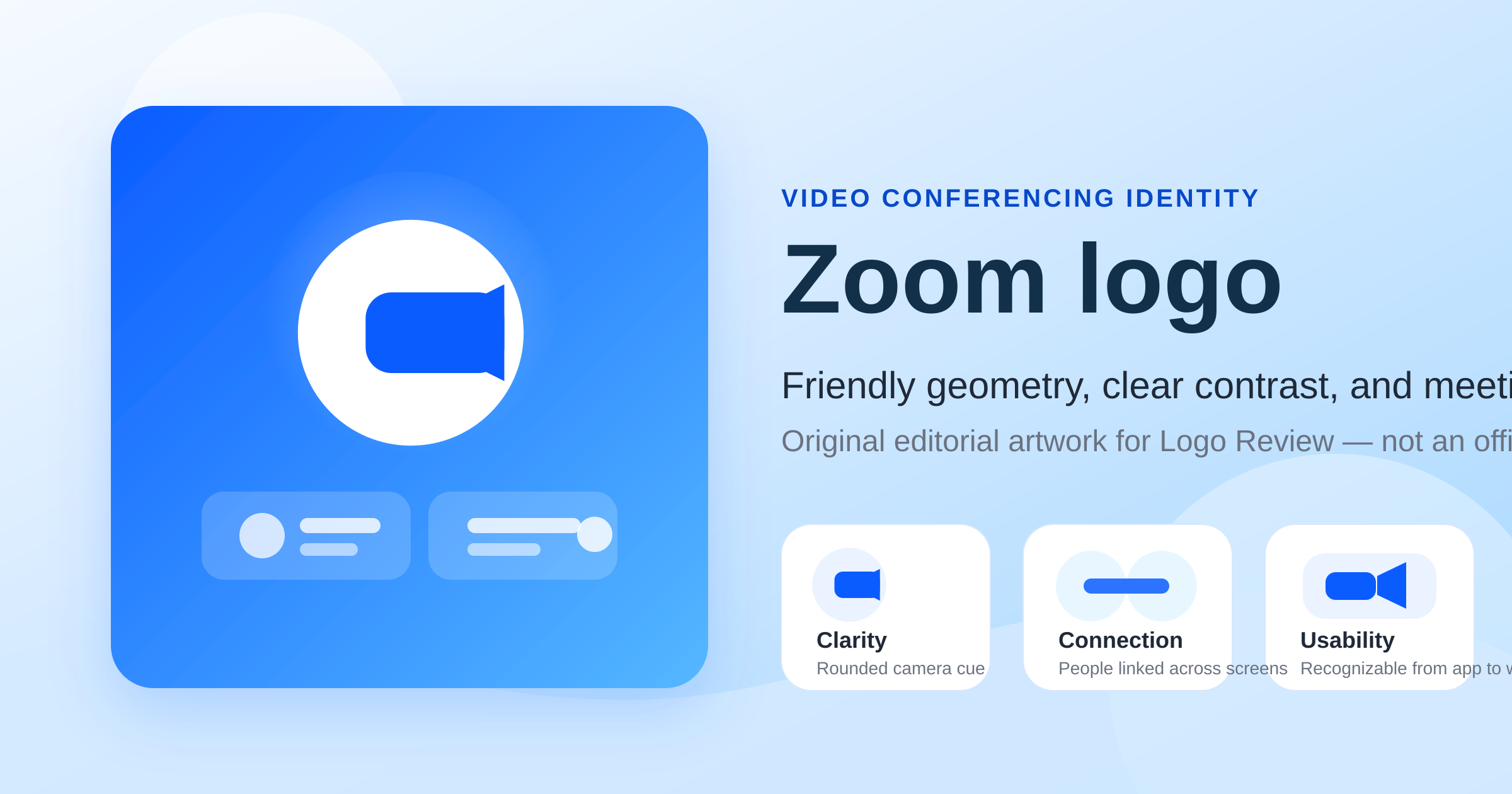 Zoom-inspired blue-and-white hero illustration with a rounded camera symbol and meeting interface cards